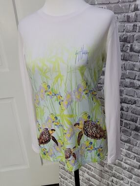Guy Harvey Sea Turtle Print Long Sleeve Tee - White with Pastel Floral, Utility